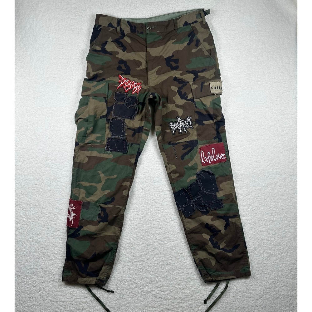 US Military Woodland Camo DIY Crust Punk Patchwork Cargo Pants Medium Regular